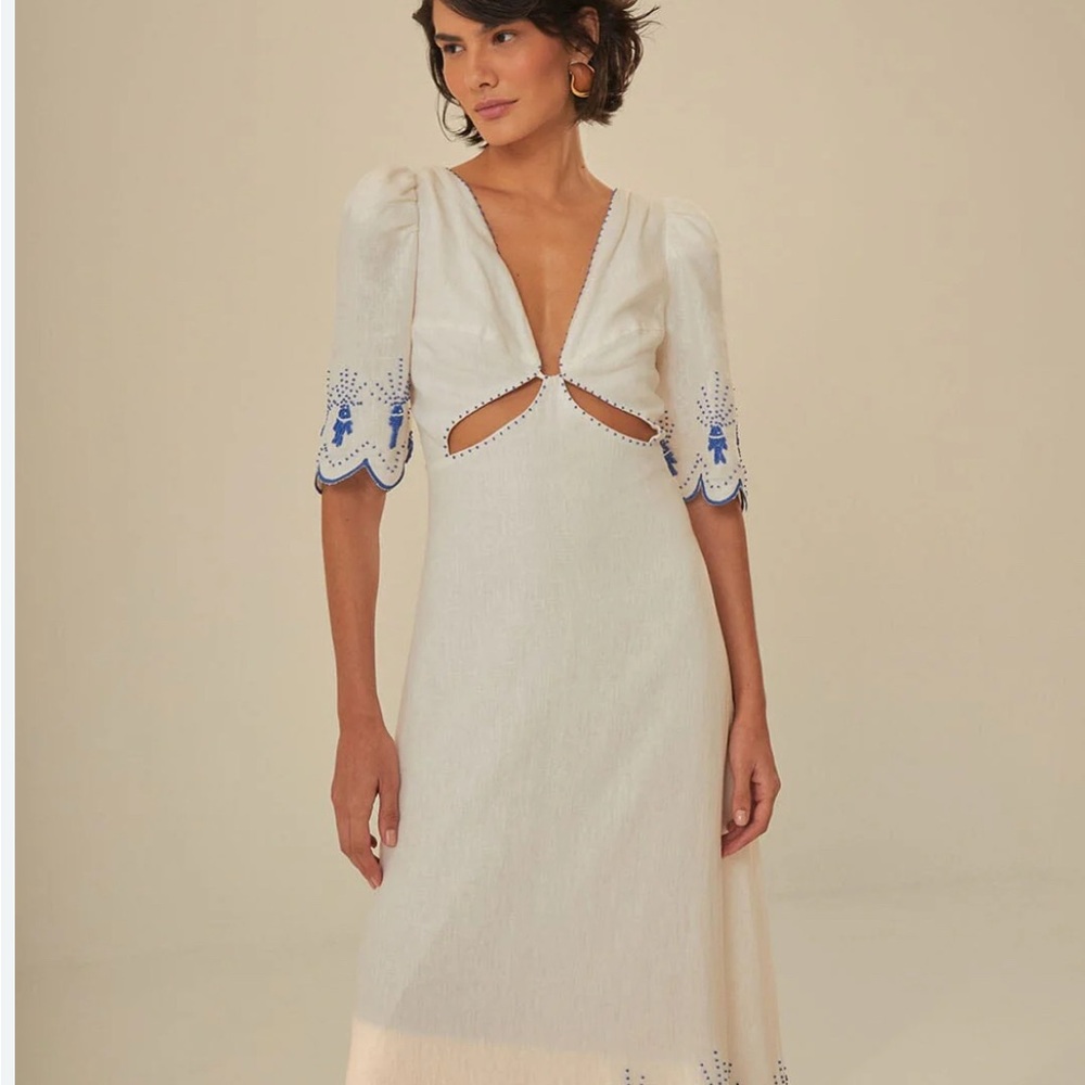 FARM Rio Cream and Blue Midi Dress